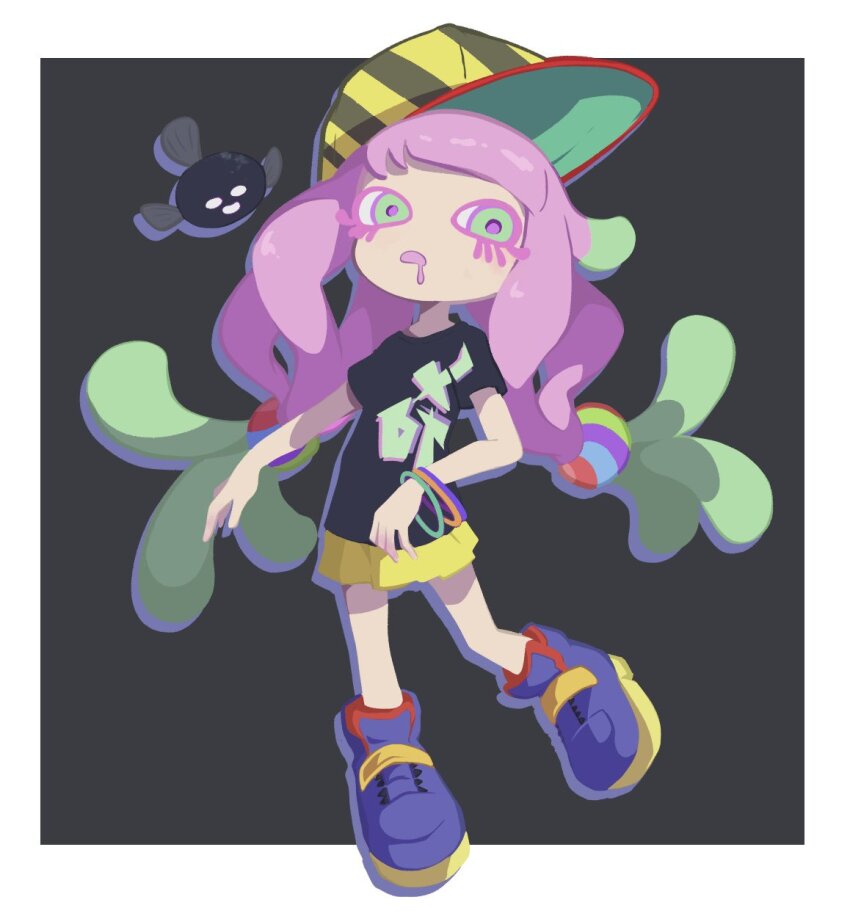 baseball_cap blue_footwear bracelet colored_eyelashes drooling harmony&#039;s_clownfish_(splatoon) harmony_(splatoon) hat highres jewelry mouth_drool nintendo no_eyebrows pink_pupils poyo_party purple_pupils sideways_hat skirt splatoon_(series) splatoon_3 striped_clothes striped_headwear tentacle_hair yellow_skirt