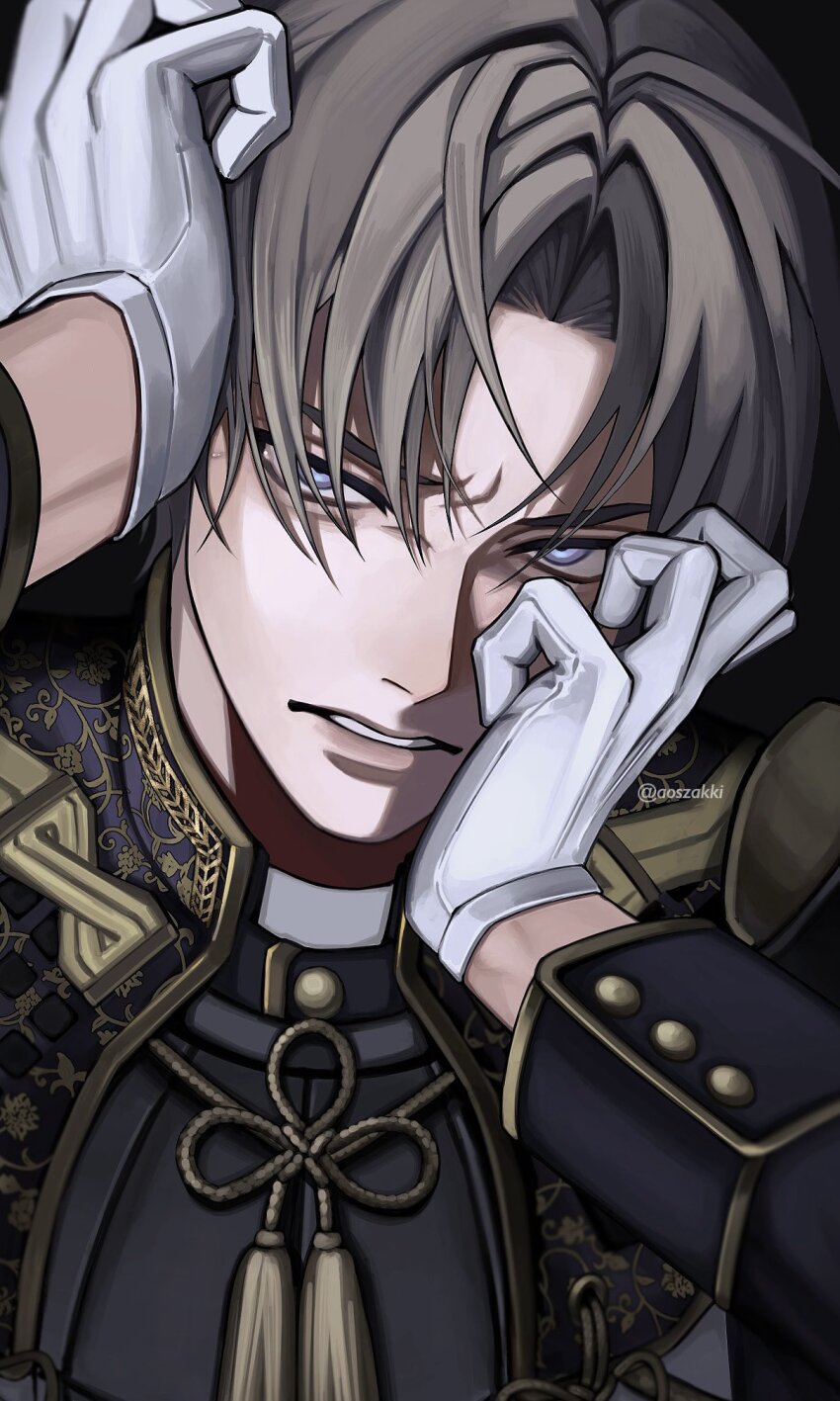 1boy angry aoszakki armor black_background brown_hair flower_knot gloves hands_on_own_face heshikiri_hasebe highres long_sleeves looking_at_viewer male_focus parted_lips purple_eyes short_hair solo teeth touken_ranbu twitter_username white_gloves