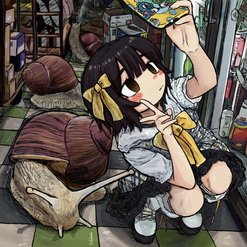 1girl black_hair blush bottle bow box brown_eyes bubbacterial bubble_bobble cardboard_box cellphone closed_mouth hair_bow highres indoors original phone selfie shoes short_sleeves smartphone smartphone_case snail solo squatting v white_footwear yellow_bow