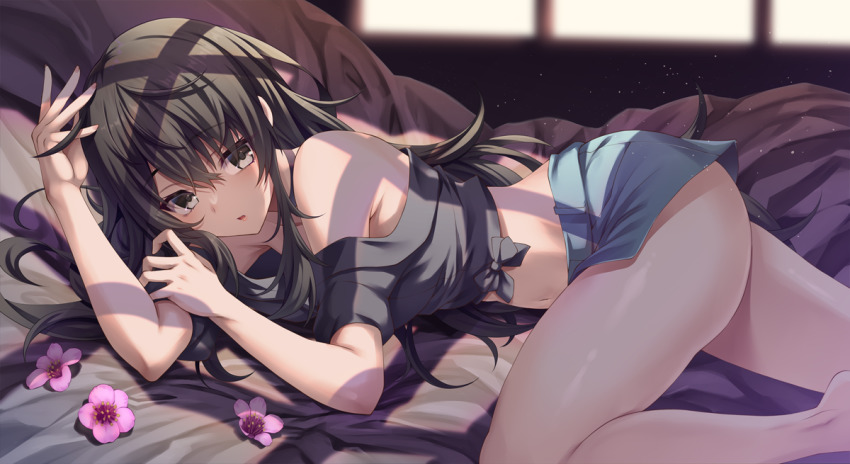 1girl bare_legs bare_shoulders black_bow black_eyes black_hair black_shirt blue_shorts blue_skirt blush bow commission crop_top dappled_sunlight emanon123 feet_out_of_frame flower hair_between_eyes hikinomiya_komori indie_virtual_youtuber indoors light_particles long_hair looking_at_viewer lying midriff miniskirt off_shoulder on_side parted_lips pink_flower shirt short_shorts short_sleeves shorts sidelocks skeb_commission skirt solo sunlight thighs virtual_youtuber