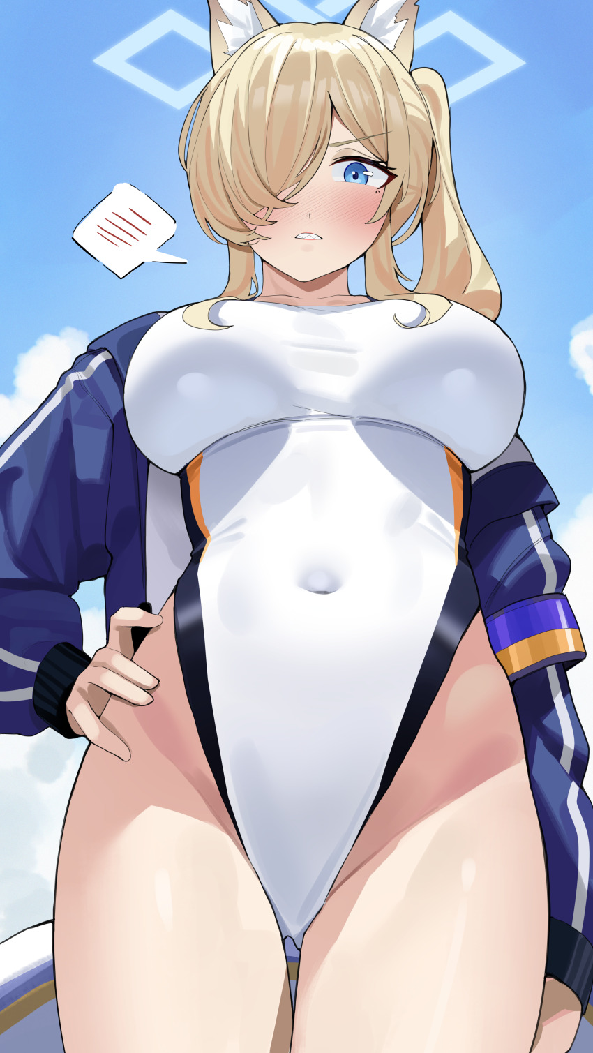 1girl absurdres animal_ear_fluff animal_ears blonde_hair blue_archive blue_eyes blue_halo blue_jacket blue_sky blush breasts clenched_teeth covered_navel dog_ears haerge hair_over_one_eye halo hand_on_own_hip highleg highleg_one-piece_swimsuit highres jacket kanna_(blue_archive) kanna_(swimsuit)_(blue_archive) large_breasts long_hair official_alternate_costume one-piece_swimsuit ponytail sharp_teeth sky solo spoken_blush swimsuit teeth