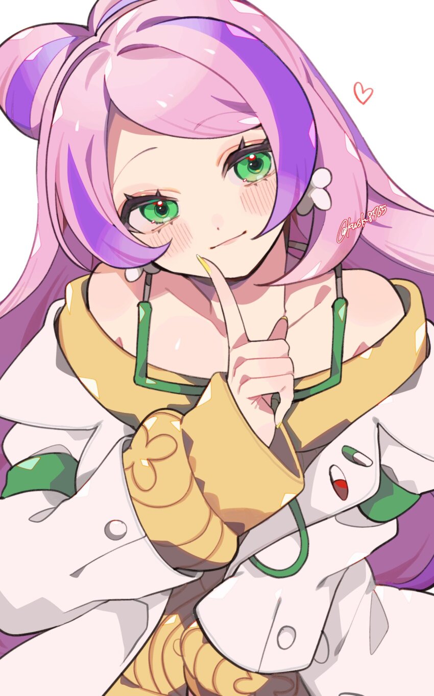 1girl bare_shoulders blush closed_mouth coat collarbone creatures_(company) earrings eyelashes flower_earrings game_freak green_eyes heart highres jewelry kawasaki_(kwsk_8765) long_hair long_sleeves looking_at_viewer miriam_(pokemon) multicolored_hair nintendo pink_hair pokemon pokemon_sv purple_hair smile solo sweater twitter_username two-tone_hair white_background white_coat yellow_nails yellow_sweater