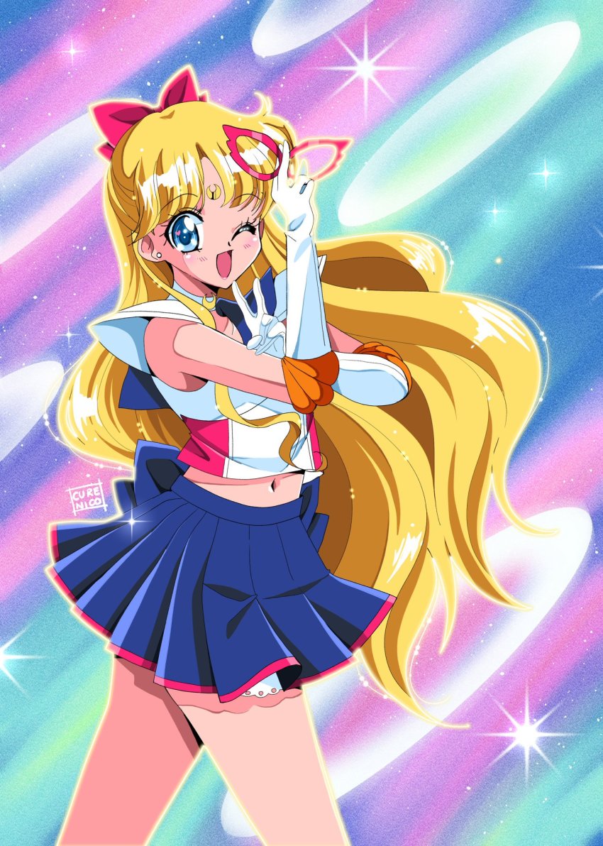 1girl aino_minako bishoujo_senshi_sailor_moon blonde_hair blue_eyes bow cure_nico gloves highres long_hair looking_at_viewer mask one_eye_closed red_bow sailor_v skirt sleeveless very_long_hair wink