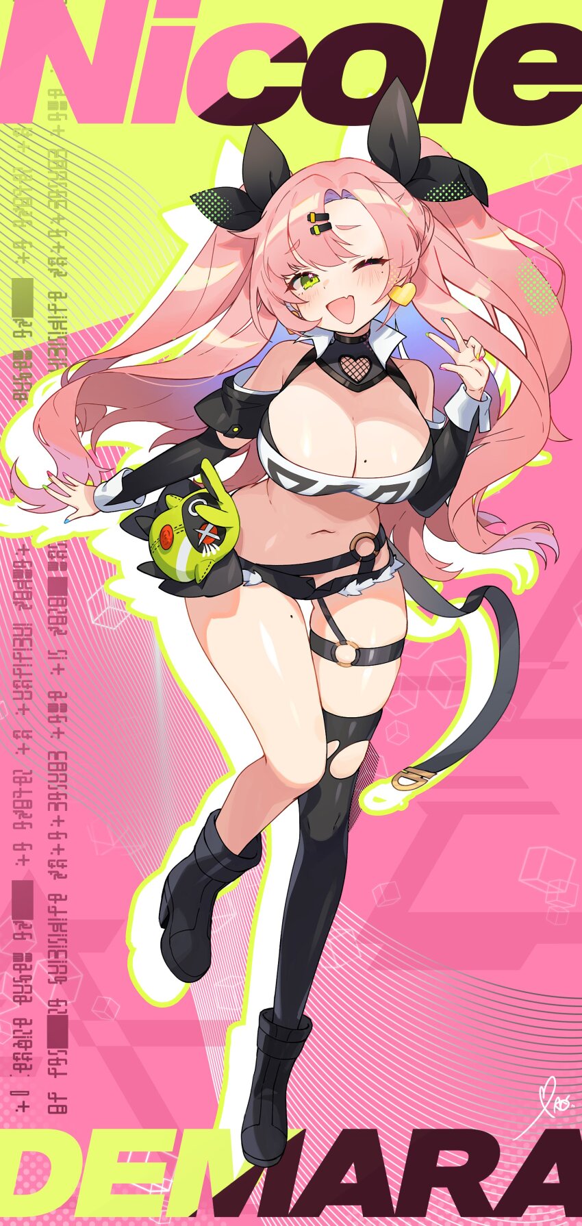 1girl :d absurdres apple_caramel bare_shoulders black_ribbon black_shorts breasts cleavage clothing_cutout crop_top earrings green_eyes hair_ornament hair_ribbon hairclip heart heart_earrings highres jewelry large_breasts long_hair looking_at_viewer micro_shorts midriff mole mole_on_breast mole_on_thigh nicole_demara one_eye_closed open_mouth pink_hair ribbon shorts shoulder_cutout smile solo strapless tube_top two_side_up zenless_zone_zero