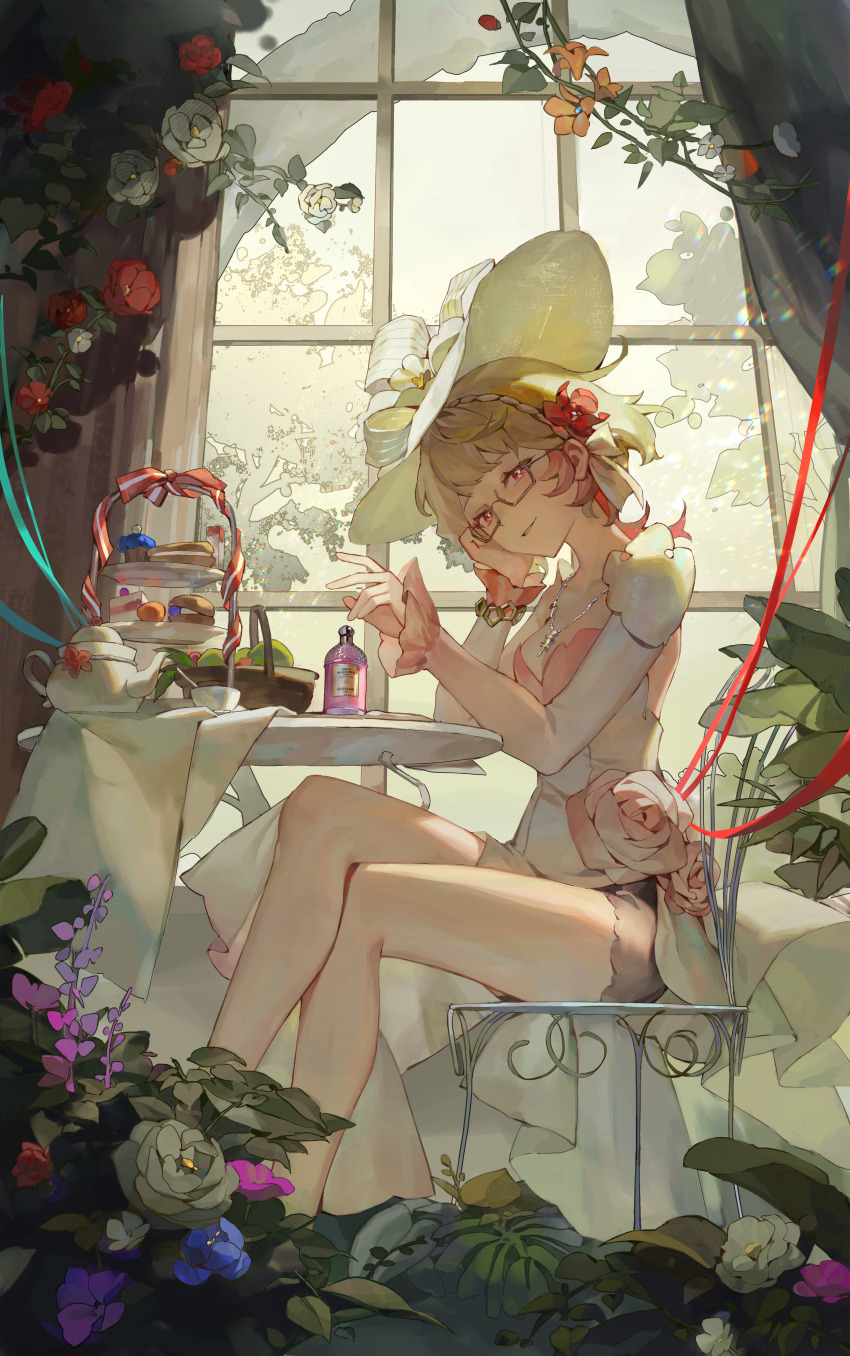 1girl absurdres alternate_costume basket blonde_hair bottle cake chair commentary crossed_legs emilie_(genshin_impact) emilie_(guerlain)_(genshin_impact) english_commentary flower flower_hat food genshin_impact hat head_tilt highres jewelry leaf looking_at_viewer macaron necklace pink_eyes ribbon semi-rimless_eyewear short_hair sitting solo table teapot tiered_tray wide_sleeves window xuemen