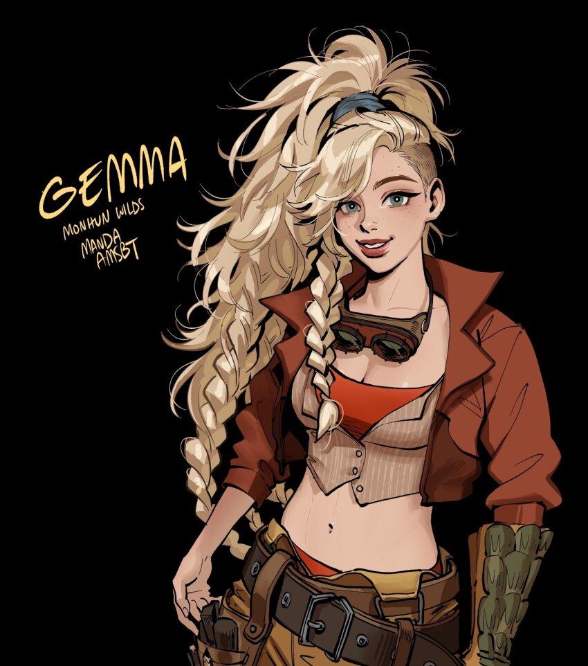 1girl belt_buckle black_background blonde_hair blue_eyes braid breasts brown_pants buckle character_name cleavage commentary cowboy_shot crop_top cropped_jacket english_commentary english_text freckles gemma_(monster_hunter_wilds) goggles goggles_around_neck high_ponytail highres jacket lapels leather_belt lips long_hair looking_at_viewer manda_schank medium_breasts midriff monster_hunter_(series) monster_hunter_wilds navel notched_lapels open_clothes open_jacket panties pants parted_lips pouch red_jacket red_panties single_bracer solo undercut underwear vest