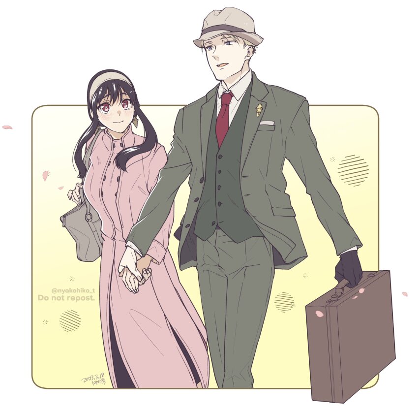 1boy 1girl bag black_hair blonde_hair blue_eyes blush breasts briefcase closed_mouth coat collared_shirt couple dated earrings gloves gold_earrings green_jacket green_pants hairband hat height_difference hetero highres holding holding_briefcase holding_hands husband_and_wife jacket jewelry long_hair long_sleeves looking_at_viewer medium_breasts necktie open_mouth pants petals pink_coat red_eyes red_necktie shirt shoulder_bag sidelocks single_glove spy_x_family takehide twilight_(spy_x_family) twitter_username walking yor_briar