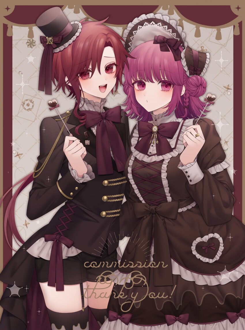 2girls :d absurdres aegyo_sal androgynous black_shorts black_thighhighs bonnet border bow bowtie braid breasts brown_bonnet brown_bow brown_dress brown_hat brown_jacket buttons candy center_frills chocolate chocolate_heart closed_mouth commission cowboy_shot cross-laced_clothes cross-laced_dress cross-laced_jacket double_bun dress dress_bow fang flipped_hair food frilled_bonnet frilled_dress frilled_sleeves frills garter_straps gold_buttons hair_bow hair_bun hand_up hat hat_bow heart highres holding holding_chocolate holding_food jacket jewelry lapels long_hair long_sleeves looking_at_viewer medium_breasts medium_hair mini_hat mini_top_hat multiple_girls notched_lapels open_mouth original outside_border parted_hair pink_eyes pink_hair puffy_long_sleeves puffy_sleeves red_border red_bow red_bowtie red_eyes red_hair ring ringed_eyes short_shorts shorts single_braid single_garter_strap skeb_commission small_breasts smile sparkle teeth thighhighs tongue top_hat upper_teeth_only yosio_ex