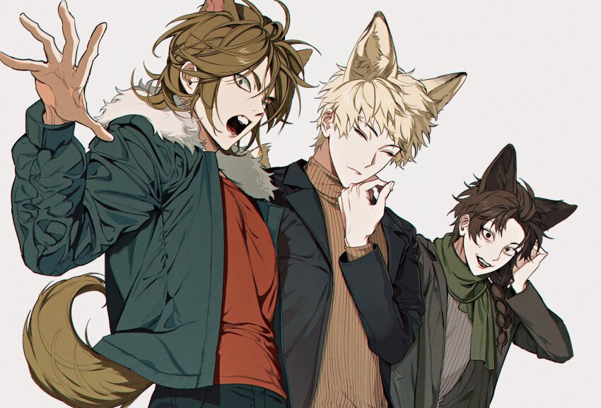 3boys animal_ears aqua_jacket atou_haruki black_jacket blonde_hair braid brown_hair brown_sweater closed_eyes closed_mouth commentary_request dog_ears dog_tail duckchuni fox_boy fox_ears fur-trimmed_jacket fur_trim green_eyes green_scarf grey_jacket grey_sweater hair_between_eyes hand_on_own_chin harada_minoru highres isoi_reiji jacket kemonomimi_mode korean_commentary long_sleeves male_focus medium_hair multiple_boys open_clothes open_jacket open_mouth red_shirt ribbed_sweater saibou_shinkyoku scarf shirt short_hair side_braid simple_background single_braid sweat sweater tail turtleneck turtleneck_sweater white_background