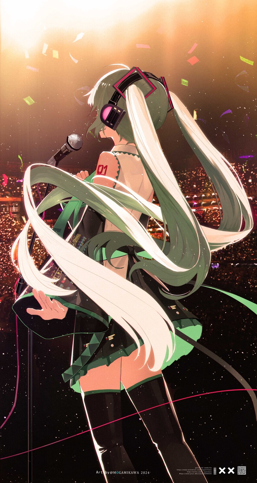 1girl absurdres aqua_hair aqua_necktie bare_shoulders black_skirt black_sleeves black_thighhighs concert detached_sleeves hatsune_miku headphones headset highres long_hair microphone mogamigawa_(mwft8758) music necktie number_tattoo singing skirt stage stage_lights tattoo thighhighs twintails very_long_hair vocaloid