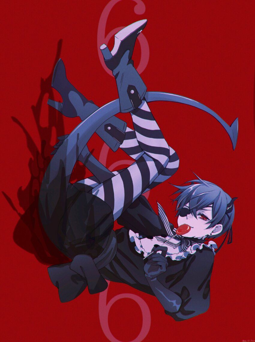 1boy back_bow bishounen black_bow black_gloves boots bow candy ciel_phantomhive demon_boy demon_horns demon_tail elbow_gloves eyepatch falling food full_body gloves highres horns kuroshitsuji lollipop long_sleeves male_focus one_eye_covered puffy_long_sleeves puffy_sleeves red_background red_eyes simple_background solo striped_clothes striped_thighhighs tail thighhighs yu_ki_koo