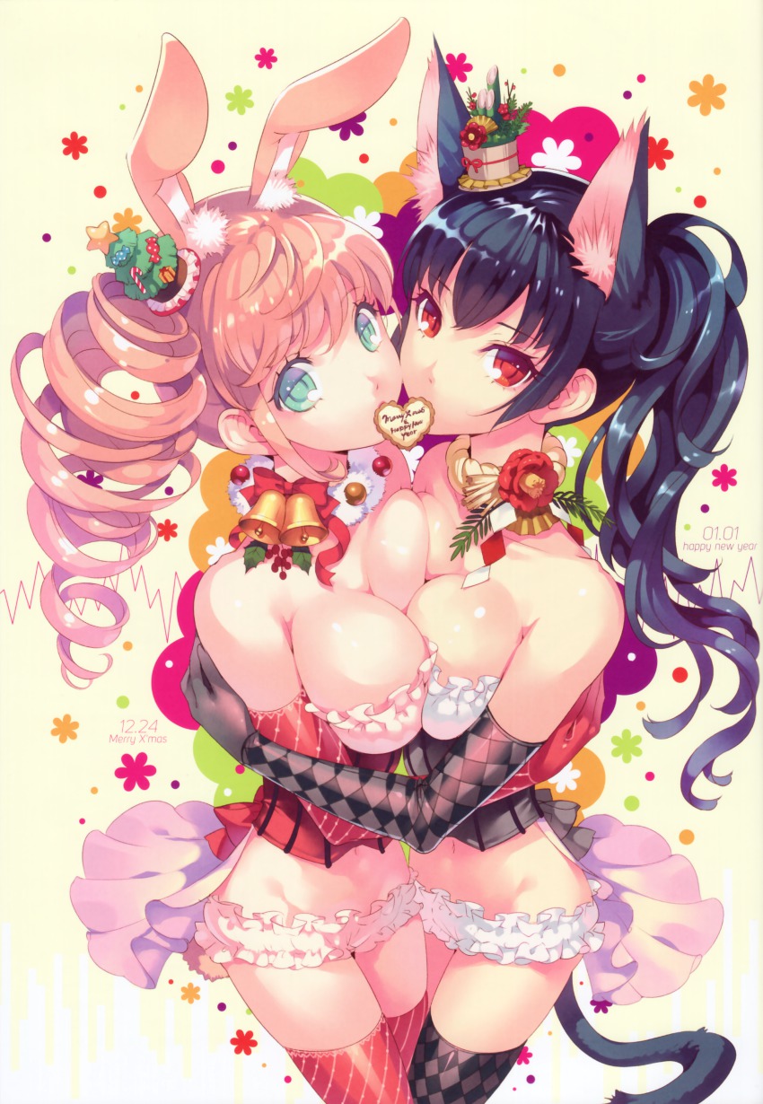 2girls absurdres animal_ears argyle_clothes argyle_gloves argyle_legwear artist_request bare_shoulders bell black_gloves black_hair black_legwear blue_eyes breast_press breasts camellia cat_ears cat_tail christmas-chan christmas_tree cleavage diagonal_stripes drill_hair elbow_gloves flower gloves green_eyes hair_ornament highres holly kadomatsu looking_at_viewer mouth_hold multiple_girls navel nishimura_eri original oshougatsu-chan perspective pink_hair pink_legwear rabbit_ears rabbit_tail red_eyes red_gloves red_legwear shide simple_background striped_clothes striped_legwear striped_thighhighs symmetrical_docking tail thighhighs twin_drills twintails vertical-striped_clothes vertical-striped_thighhighs