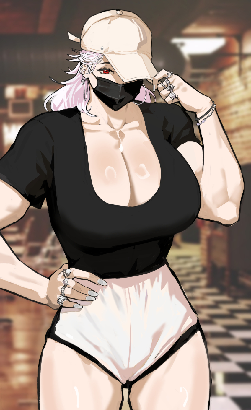 absurdres armlet baseball_cap black_tank_top breast_focus breasts covered_mouth dorohedoro fingernails hat highres jewelry large_breasts mask mouth_mask muscular muscular_female noi_(dorohedoro) one_eye_covered park_ongjol red_eyes ring tank_top thighs tomboy white_hair