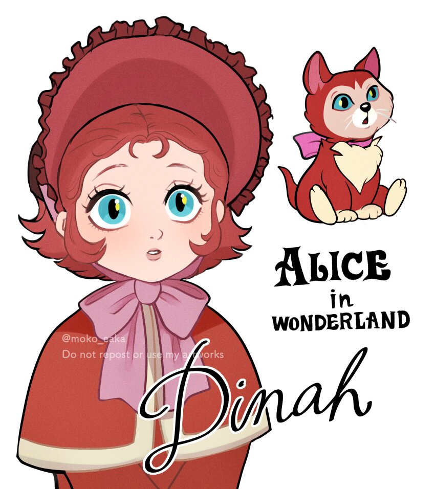 absurdres alice_in_wonderland bonnet bow brown_dress brown_fur brown_hair capelet cat dinah_(alice_in_wonderland) disney dress frilled_bonnet frills green_eyes highres looking_up moko_eaka personification pink_bow slit_pupils