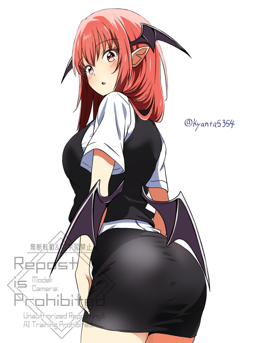 1girl ass black_skirt black_vest blush breasts commentary_request cowboy_shot demon_girl demon_wings expressionless from_behind head_wings highres koakuma kyanta5354 large_breasts long_hair looking_at_viewer looking_back low_wings open_mouth pencil_skirt pointy_ears red_eyes red_hair shirt short_sleeves simple_background skirt skirt_set solo touhou vest watermark white_background white_shirt wings wings_through_clothes