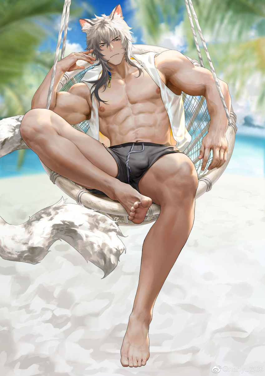 1boy abs absurdres alternate_costume animal_ears arknights bara bare_pectorals beach bulge grey_hair grey_male_swimwear grey_swim_trunks hair_between_eyes highres large_pectorals leopard_boy leopard_ears leopard_tail long_hair looking_at_viewer male_focus male_swimwear muscular muscular_male nanyu1998 nipples ocean pectorals sand silverash_(arknights) sitting solo stomach summer swim_trunks swimsuit tail thighs veins veiny_arms white_hair