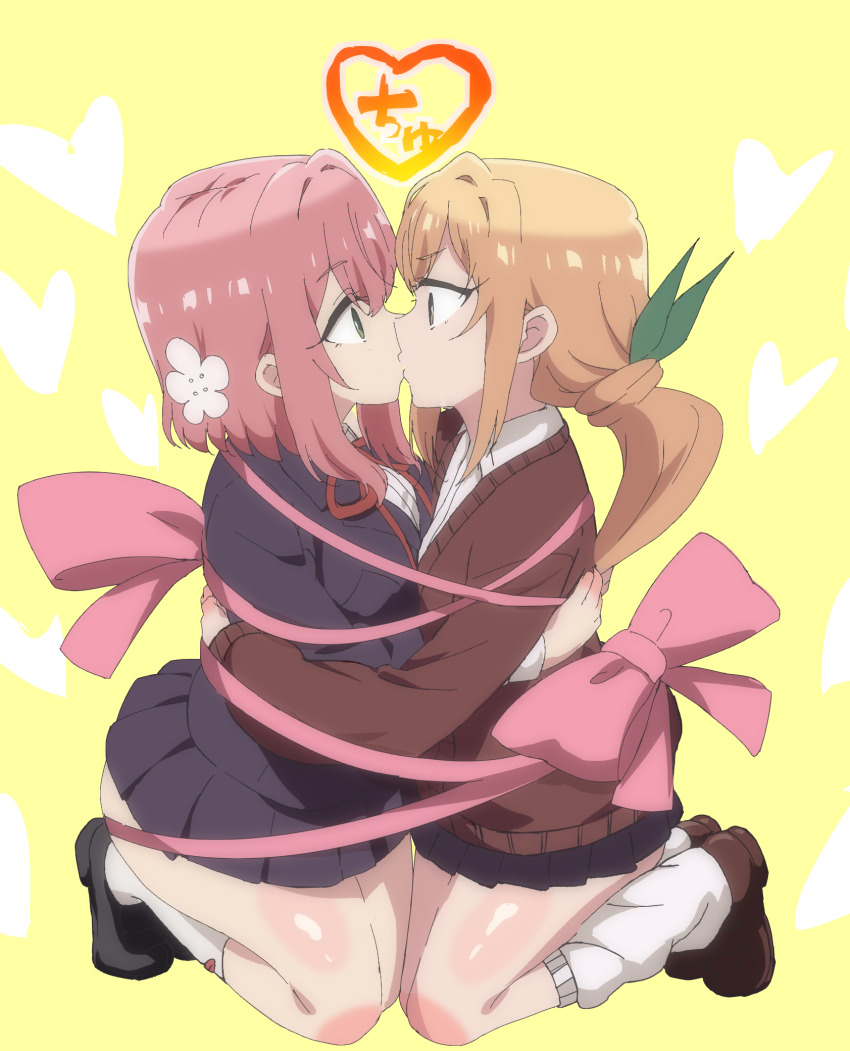 2girls asymmetrical_docking black_footwear blazer blonde_hair bound_together breast_press brown_cardigan brown_footwear cardigan flower full_body green_eyes green_ribbon hair_flower hair_intakes hair_ornament hair_ribbon hanazono_hakari heart highres hug inda_karane jacket kimi_no_koto_ga_dai_dai_dai_dai_daisuki_na_100-nin_no_kanojo kiss kneehighs kneeling loafers long_hair long_sleeves looking_at_another loose_socks medium_hair miniskirt multiple_girls official_style or2_(sahr7857) pink_hair pleated_skirt ponytail profile purple_jacket purple_skirt ribbon school_uniform shoes skirt socks thighs variant_set white_socks yellow_background yuri