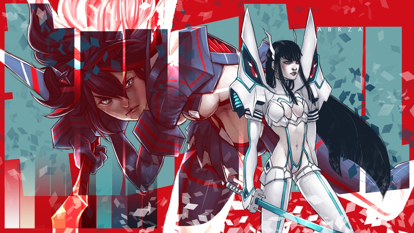 10s 2girls abrza armor highres kill_la_kill kiryuuin_satsuki long_hair matoi_ryuuko multiple_girls short_hair suspenders sword weapon