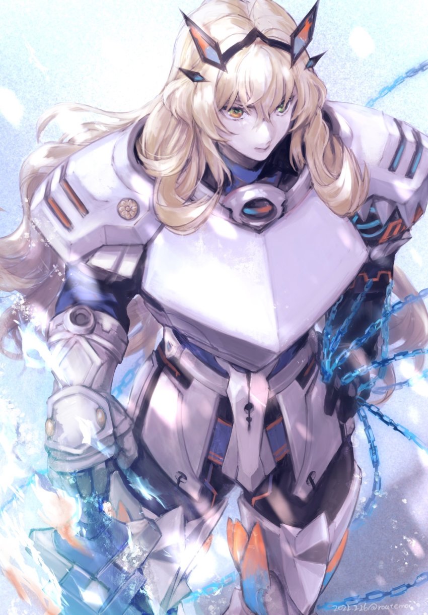 1girl armor blonde_hair breastplate breasts chain barghest_(fate) barghest_(first_ascension)_(fate) fate/grand_order fate_(series) faulds gauntlets greaves green_eyes highres horns large_breasts long_hair pauldrons routemoi shoulder_armor solo sword thighs weapon