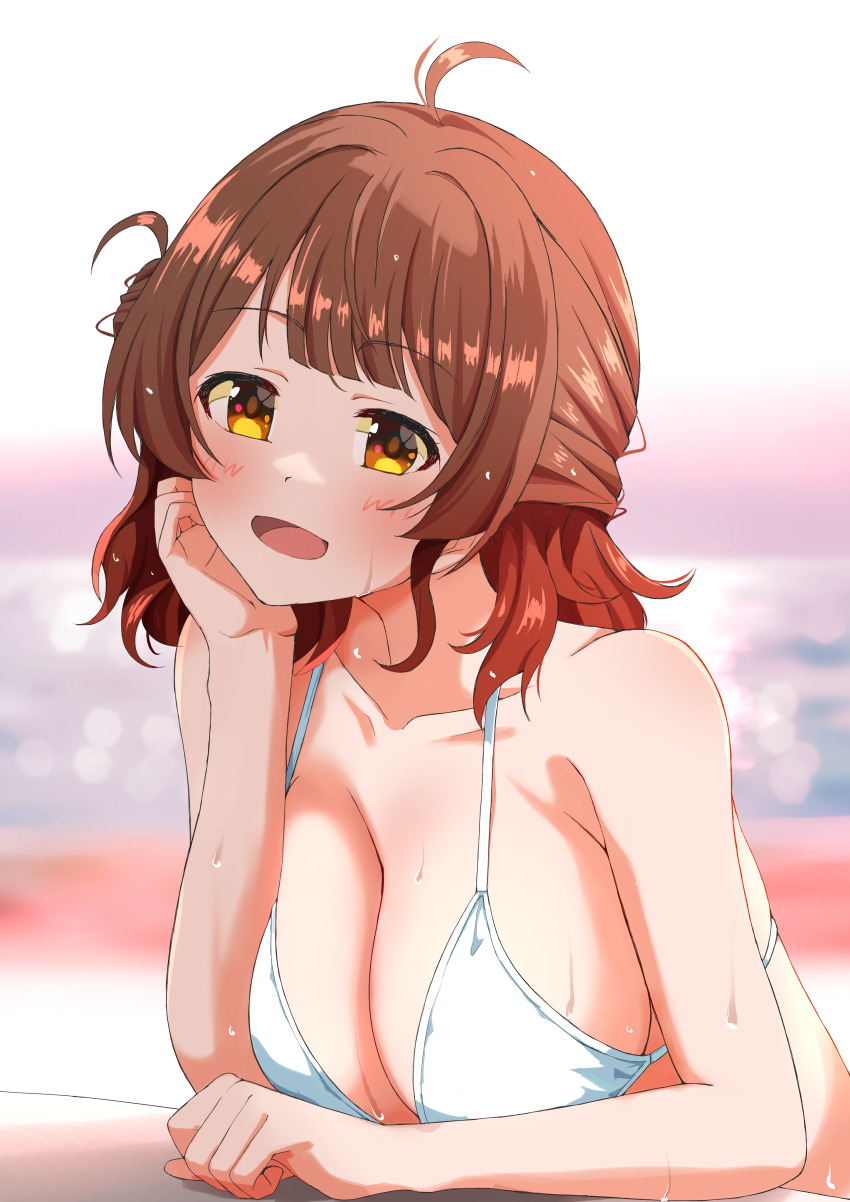 1girl :d absurdres ahoge bare_arms blunt_bangs blurry blurry_background blush breasts brown_eyes brown_hair cleavage collarbone commentary_request gakuen_idolmaster hanami_ume hand_on_own_face haruki_(haruki678) highres horizon idolmaster large_breasts long_hair looking_at_viewer ocean open_mouth sidelocks smile solo wet white_background