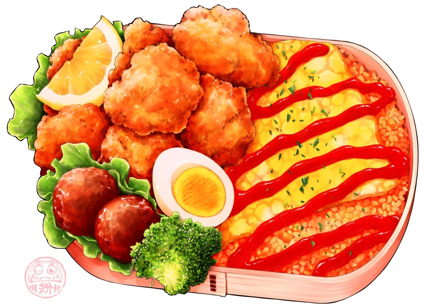 artist_logo broccoli chicken_(food) commentary_request egg_(food) food food_focus fried_rice fruit highres lemon lemon_slice logo no_humans omelet ooranokohaku original rice simple_background softboiled_egg still_life white_background