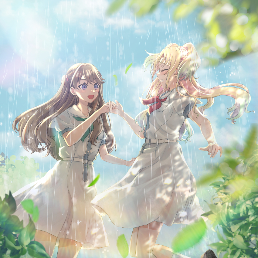 2girls :d absurdres blonde_hair blue_dress blue_hair blue_sky blurry blurry_foreground brown_hair commentary_request dress feet_out_of_frame flower fujishima_megumi gradient_hair green_neckerchief grin hair_flower hair_ornament hasu_no_sora_school_uniform highres holding_hands light_blue_hair link!_like!_love_live! long_hair looking_at_another love_live! medium_dress mira-cra_park! multicolored_hair multiple_girls neckerchief open_mouth osawa_rurino outdoors parted_bangs pink_flower pleated_dress profile puffy_short_sleeves puffy_sleeves purple_eyes rain red_neckerchief sailor_collar sailor_dress school_uniform short_sleeves sky smile suito summer_uniform twintails two_side_up virtual_youtuber white_sailor_collar