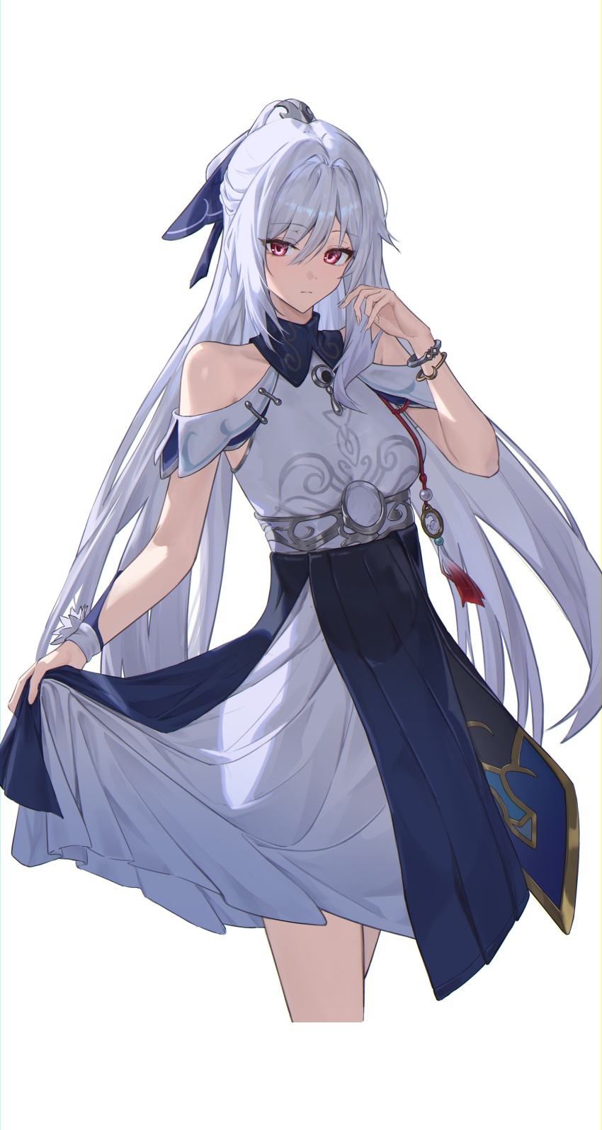 1girl absurdres alternate_costume bare_shoulders blue_bow blue_skirt bow bracelet breasts closed_mouth commentary_request cropped_legs dress hair_between_eyes hair_bow hand_up highres honkai:_star_rail honkai_(series) jewelry jingliu_(honkai:_star_rail) long_hair looking_at_viewer medium_breasts no_blindfold paid_reward_available partial_commentary red_eyes sasa_(sasa_ekakiman) sidelocks simple_background skirt skirt_hold solo very_long_hair white_background white_dress white_hair