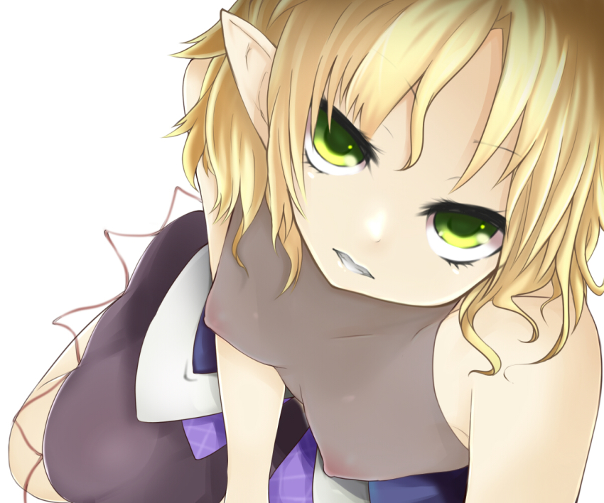 1girl bad_id bad_pixiv_id blonde_hair breasts close-up female_focus ginji74 green_eyes looking_at_viewer mizuhashi_parsee nipples no_bra pointy_ears see-through_clothes short_hair simple_background small_breasts solo touhou