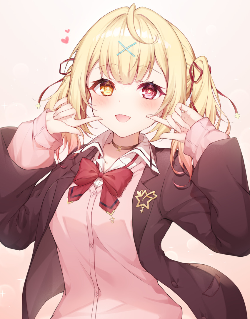 1girl :d black_choker black_jacket blonde_hair bow bowtie cardigan choker collared_shirt fingers_to_cheeks gradient_hair hair_ornament hair_ribbon hands_up heart heterochromia highres hoshikawa_sara hoshikawa_sara_(4th_costume) jacket long_hair long_sleeves looking_at_viewer multicolored_hair nijisanji open_mouth pink_cardigan red_bow red_bowtie red_eyes red_ribbon ribbon shirt simple_background sleeves_past_wrists smile solo star-shaped_pupils star_(symbol) symbol-shaped_pupils two_side_up upper_body virtual_youtuber white_shirt x_hair_ornament yellow_eyes zky_(oekaky)