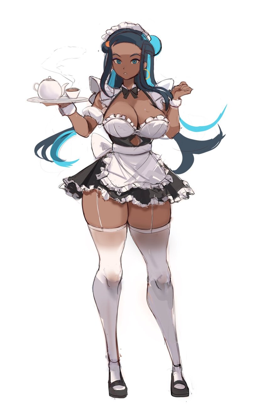 1girl alternate_breast_size alternate_costume apron black_bow black_bowtie black_hair blue_eyes blue_hair bow bowtie breasts cleavage creatures_(company) cup dark-skinned_female dark_skin enmaided full_body game_freak highres holding holding_tray large_breasts maid maid_apron maid_headdress multicolored_hair nessa_(pokemon) nintendo parted_lips pokemon pokemon_swsh rakeemspoon solo streaked_hair teacup teapot thighhighs thighs tray white_thighhighs zettai_ryouiki