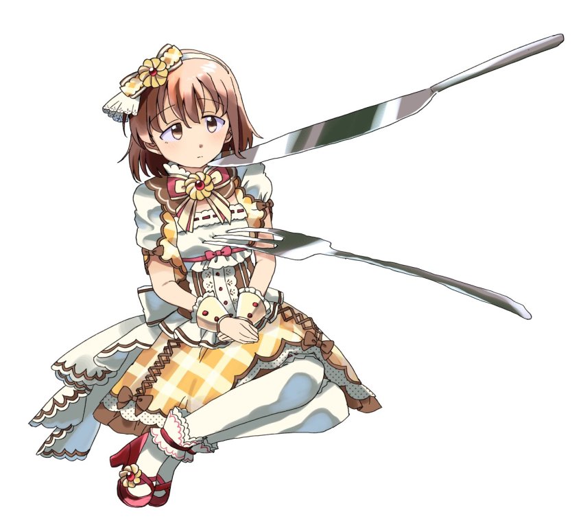 back_bow bow bowtie breasts brown_eyes brown_hair checkered_clothes checkered_dress commentary_request dress expressionless fork frills hachi_(8bit_canvas) hair_bow hair_ornament hairband highres idolmaster idolmaster_cinderella_girls kita_hinako kneehighs knife looking_at_another medium_breasts own_hands_together puffy_short_sleeves puffy_sleeves red_footwear shoes short_hair short_sleeves sitting socks solo white_background white_socks wrist_cuffs