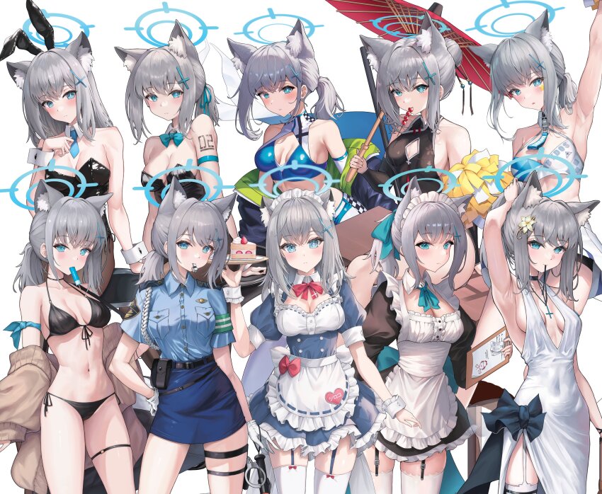 1girl absurdres alter_(kxk7357) alternate_costume animal_ear_fluff animal_ears apron arm_up armband armpits arms_up bare_shoulders bikini black_bikini black_dress black_garter_straps black_leotard black_ribbon blue_archive blue_armband blue_bow blue_bowtie blue_dress blue_eyes blue_garter_straps blue_jacket blue_shirt blue_skirt blush bow bowtie breasts breasts_apart brown_sweater cake cake_slice cat_ears china_dress chinese_clothes cleavage clipboard closed_mouth collar collarbone collared_shirt commentary_request covered_navel cross_hair_ornament detached_collar doodle_sensei_(blue_archive) dress enmaided fake_animal_ears food food_in_mouth frilled_apron frills garter_straps gloves grey_hair hair_ornament hand_on_own_hip hand_up highres holding holding_clipboard holding_tray holding_umbrella jacket leotard long_hair looking_at_viewer maid maid_headdress medium_breasts mouth_hold multiple_views navel off_shoulder oil-paper_umbrella playboy_bunny rabbit_ears red_bow red_bowtie red_umbrella ribbon ribbon_in_mouth sensei_(blue_archive) shiroko_(blue_archive) shirt short_sleeves side-tie_bikini_bottom sideboob skirt stomach strapless strapless_leotard sweater swimsuit thigh_strap thighhighs traditional_bowtie tray tying_hair umbrella very_long_hair white_apron white_collar white_garter_straps white_gloves white_thighhighs white_wrist_cuffs wrist_cuffs