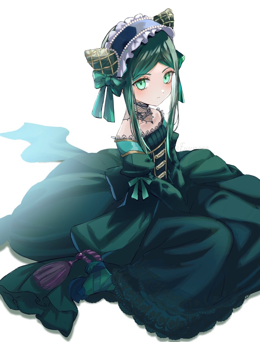 1girl between_legs classic_lolita closed_mouth collarbone commentary_request cone_hair_bun dress expressionless frilled_dress frills fujito_(call_f_) gothic_lolita green_dress green_eyes green_hair green_ribbon hair_bun hand_between_legs highres kuroshitsuji lolita_fashion long_hair long_sleeves looking_at_viewer ribbon sidelocks sieglinde_sullivan simple_background sitting solo victorian white_background