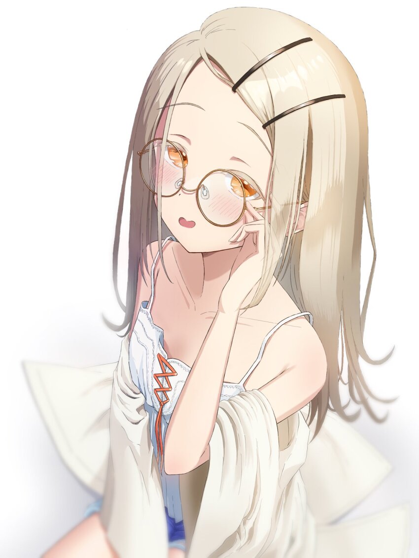 1girl adjusting_eyewear bespectacled camisole collarbone colored_eyelashes commentary_request flipped_hair gakuen_idolmaster glasses hand_on_eyewear highres idolmaster karupisu_110 light_brown_hair long_hair looking_at_viewer orange_eyes robe round_eyewear shinosawa_hiro smile solo very_long_hair white_camisole white_robe