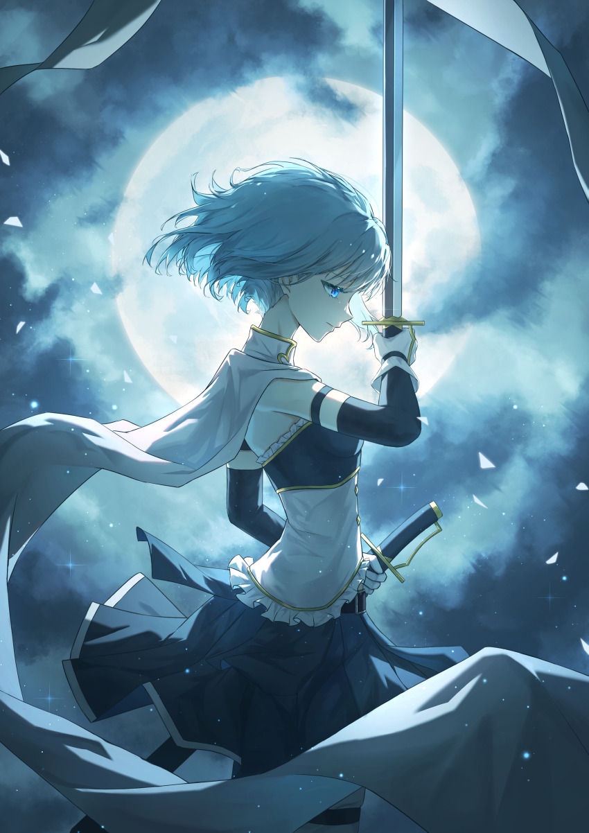 1girl absurdres blue_hair closed_eyes detached_sleeves highres mahou_shoujo_madoka_magica miki_sayaka miki_sayaka_(magical_girl) short_hair solo sword weapon xiamianhaiya