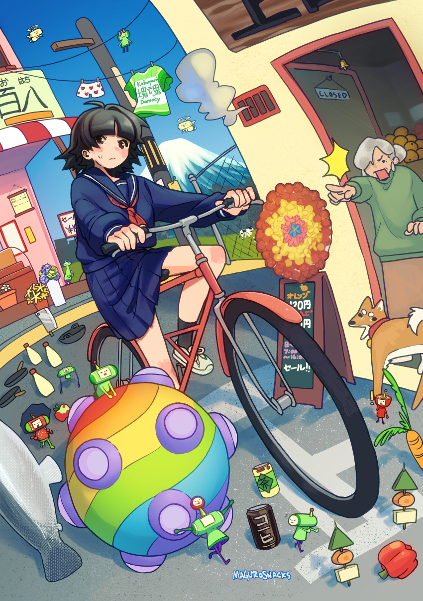 2girls absurdres bicycle black_hair blue_sailor_collar blue_serafuku blue_shirt blue_skirt dog fence highres katamari_damacy looking_at_viewer magurosnacks mount_fuji multiple_girls multiple_others neckerchief outdoors pleated_skirt pointing pointing_at_another red_neckerchief road sailor_collar school_uniform serafuku shirt skirt solo_focus street the_prince the_prince_(katamari_damacy) utility_pole white_hair