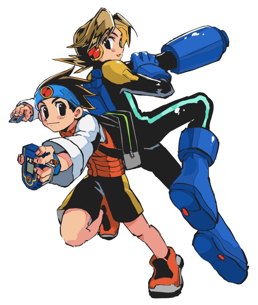 2boys arm_cannon black_shorts blue_headband bodysuit brothers brown_hair full_body headband highres hinaki_shinji holding hub_hikari_(mega_man) lan_hikari_(mega_man) mega_man_(series) mega_man_battle_network_(series) megaman.exe multiple_boys netnavi orange_vest shirt short_hair shorts siblings twins vest weapon white_shirt