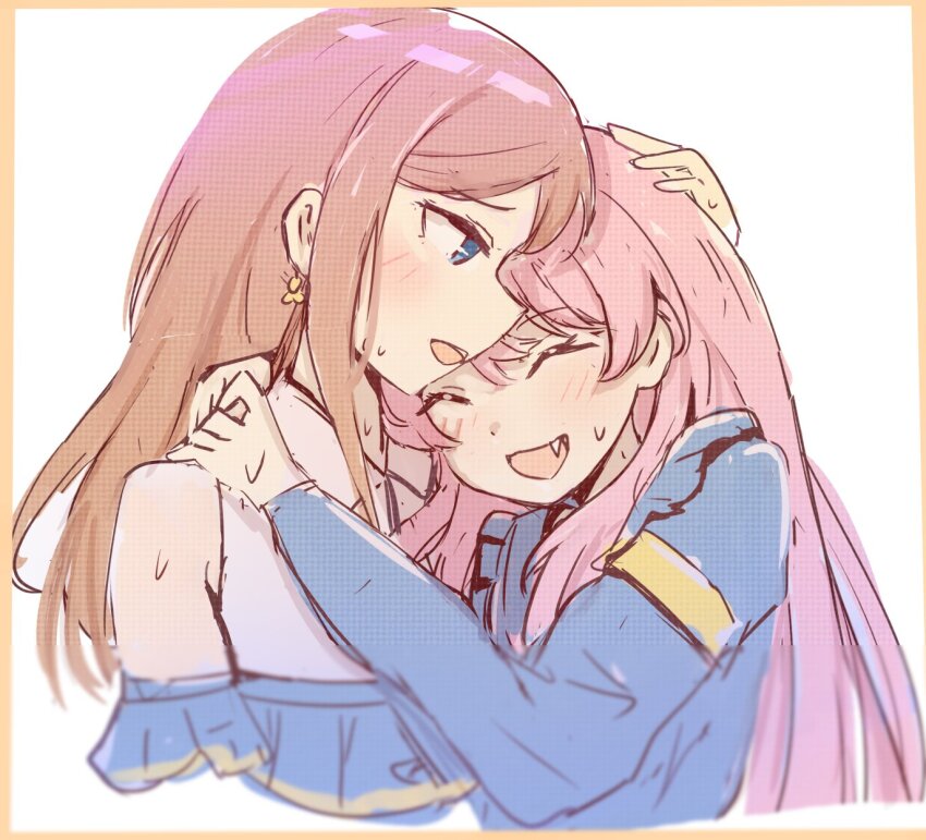 2girls ansy09080527 bang_dream! bang_dream!_it&#039;s_mygo!!!!! blue_eyes blue_jacket blush border brown_border brown_hair chihaya_anon chinese_commentary closed_eyes clothing_cutout commentary_request couple earrings fang hand_on_another&#039;s_head highres hug jacket jewelry multiple_girls nagasaki_soyo open_mouth pink_hair shoulder_cutout sweat upper_body white_background yuri