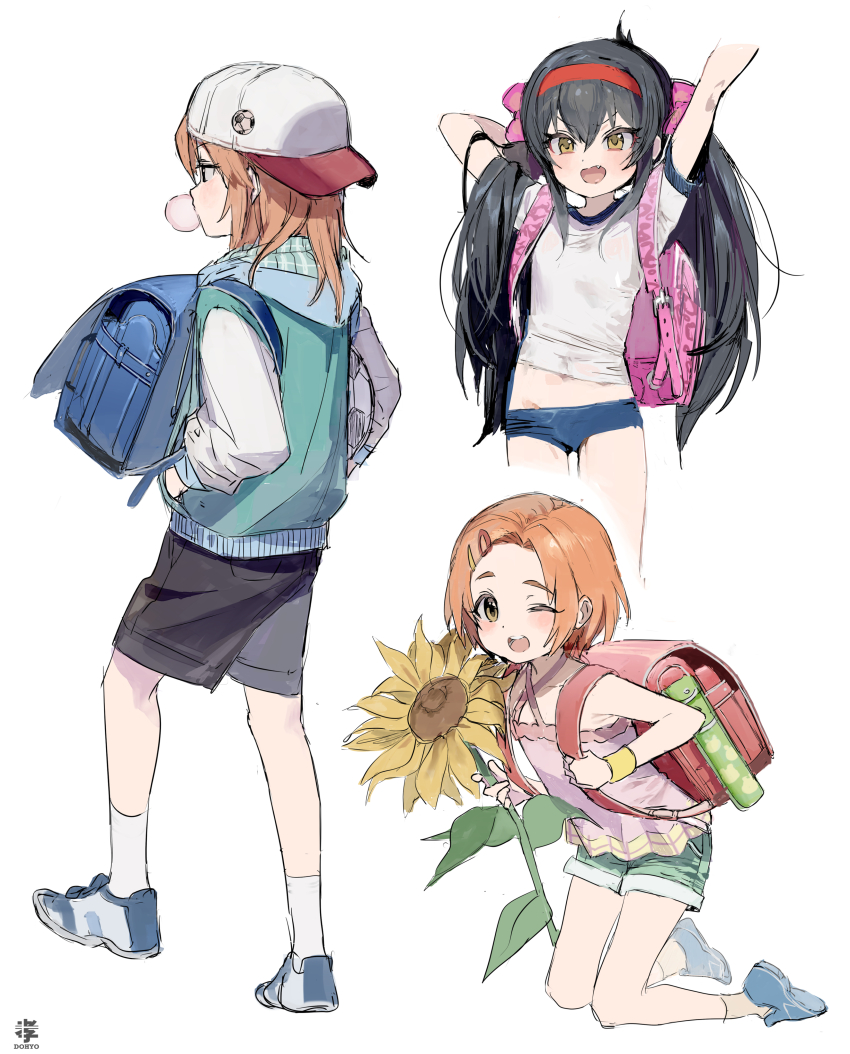 3girls ;d absurdres backpack backwards_hat bag baseball_cap black_hair black_shorts blue_bag blue_buruma blush buruma chewing_gum dohyo123123 flower gym_shirt gym_uniform hat highres idolmaster idolmaster_cinderella_girls kneeling looking_ahead looking_at_viewer matoba_risa midriff multiple_girls one_eye_closed open_mouth orange_hair pink_bag randoseru red_bag ryuzaki_kaoru shirt shorts simple_background smile sunflower white_background yuuki_haru