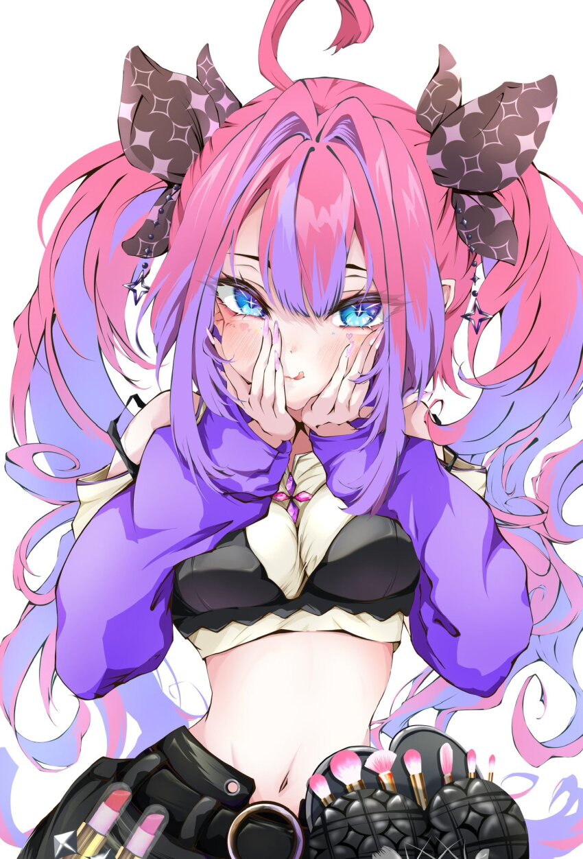 +_+ 1girl ahoge black_bra black_ribbon black_shorts blue_eyes blush bra bra_over_clothes breasts closed_mouth clothing_cutout cosmetics facial_mark fingernails hair_between_eyes hair_ribbon hands_on_own_face heart heart_facial_mark highres hololive hololive_dev_is kikirara_vivi knr_rer large_breasts lipstick_tube long_fingernails long_hair long_sleeves looking_at_viewer makeup_brush multicolored_hair nail_polish navel pink_hair pink_lips pink_nails purple_hair purple_sleeves ribbon shirt shorts shoulder_cutout simple_background smile solo sparkle_print stomach tongue tongue_out twintails two-tone_hair underwear virtual_youtuber white_background white_shirt