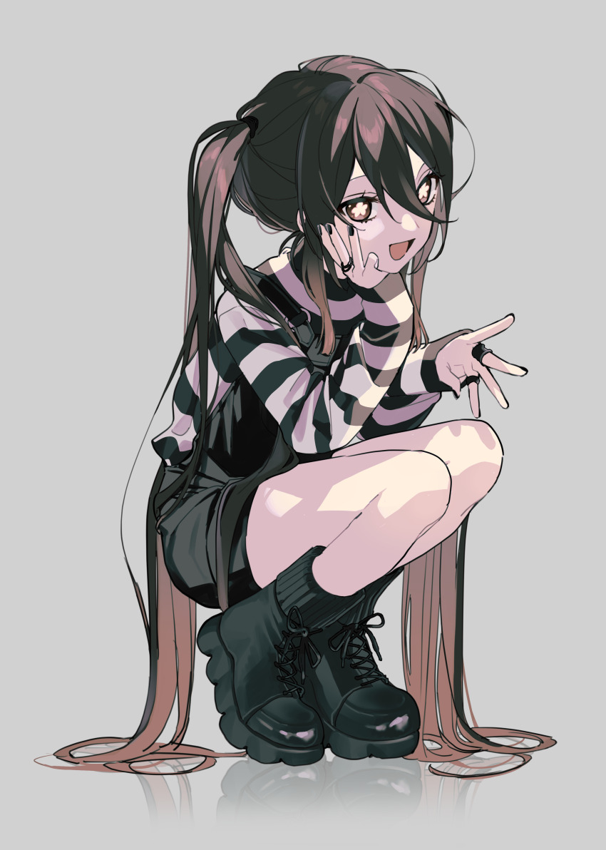 1girl absurdres alternate_costume black_bow black_footwear black_hair black_nails black_shorts black_sweater boots bow brown_eyes brown_hair commentary_request fingernails flower-shaped_pupils footwear_bow genshin_impact grey_background hair_between_eyes hand_on_own_face hands_up highres hu_tao_(genshin_impact) jewelry long_hair long_sleeves looking_at_viewer multicolored_hair nail_polish nenemm no_headwear open_mouth ring shorts simple_background smile solo striped_clothes striped_sweater sweater symbol-shaped_pupils tongue twintails two-tone_hair white_sweater