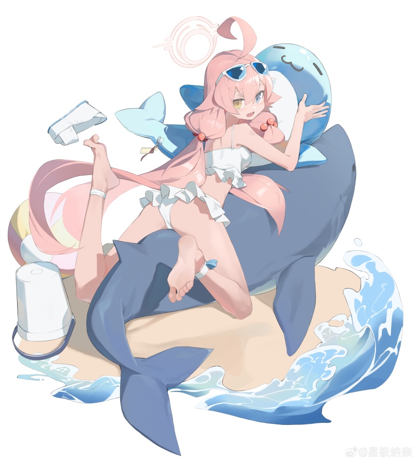 1girl 2242592427 absurdres ahoge animal_ears ass barefoot bikini blue_archive blue_eyes breasts bucket eyewear_on_head full_body halo heterochromia highres hoshino_(blue_archive) hoshino_(swimsuit)_(blue_archive) inflatable_toy inflatable_whale long_hair open_mouth sandals shark small_breasts solo swimsuit twintails unworn_sandals very_long_hair white_bikini yellow_eyes