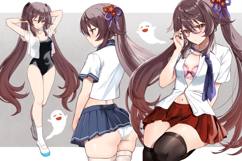 1girl arms_behind_head arms_up ass black_one-piece_swimsuit black_thighhighs blue_skirt blush boo_tao_(genshin_impact) bra bra_peek breasts brown_hair collared_shirt commentary_request full_body genshin_impact ghost glasses highres hu_tao_(genshin_impact) kneehighs long_hair looking_at_viewer miniskirt multiple_views navel necktie one-piece_swimsuit one_eye_closed open_mouth panties partially_unbuttoned pink_bra pleated_skirt red_eyes red_skirt school_uniform seiru_(prairie) shirt short_sleeves skindentation skirt small_breasts smile socks swimsuit symbol-shaped_pupils thick_thighs thighhighs thighs twintails underwear very_long_hair wedgie white_footwear white_panties white_shirt white_thighhighs zettai_ryouiki