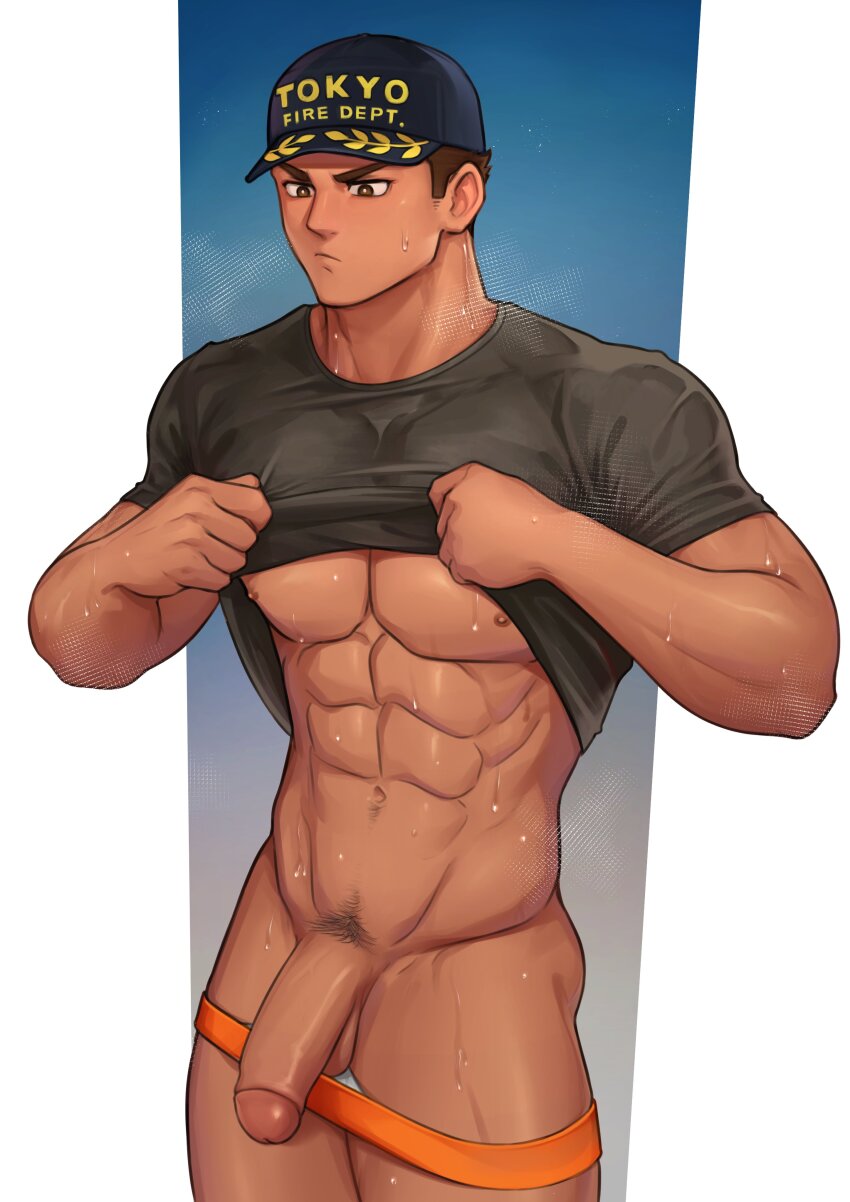 1boy abs absurdres bara bare_pectorals black_hair black_shirt closed_mouth clothes_lift erection highres large_pectorals male_focus male_pubic_hair male_underwear male_underwear_pull mikicat muscular muscular_male navel nipples orange_male_underwear original pectorals penis pubic_hair shirt shirt_lift short_hair solo testicles underwear