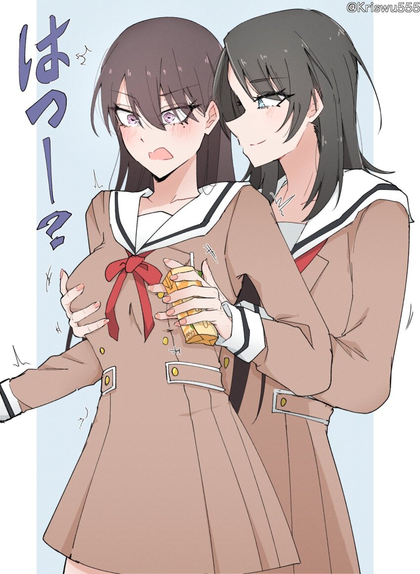 2girls artist_name bang_dream! bang_dream!_it&#039;s_mygo!!!!! blue_eyes blush breasts brown_dress brown_hair closed_mouth commentary_request dress grabbing_another&#039;s_breast groping hair_between_eyes hanasakigawa_school_uniform highres holding_carton long_hair long_sleeves medium_breasts mole mole_under_eye multiple_girls neck_ribbon open_mouth pleated_dress purple_eyes red_ribbon ribbon sailor_collar sailor_dress school_uniform shiina_taki white_sailor_collar wuwuwu_(kriswu555) yahata_umiri yuri