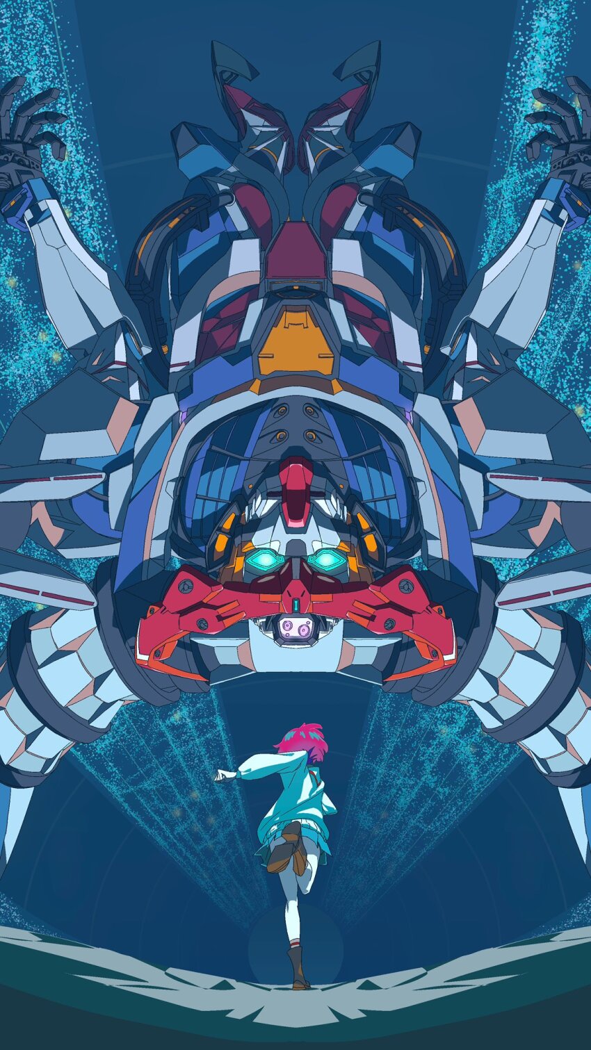 1girl amate_yuzuriha boots gquuuuuux gundam gundam_gquuuuuux highres mecha mobile_suit namaewokudasa red_hair robot running short_hair skirt standing standing_on_one_leg sweater upside-down v-fin