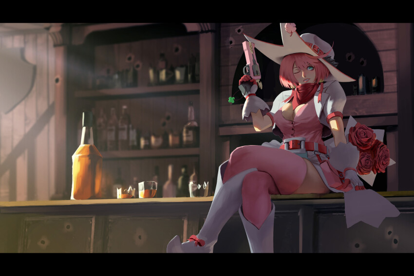 1girl alcohol alternate_costume arm_up artist_request bag bar belt black_bar blurry blurry_background blush boots bottle bouquet breasts broken_glass cowboy_hat crossed_leg elphelt_valentine flower glass gloves guilty_gear gun handbag handgun handkerchief hat holding holding_weapon large_breasts lips one_eye_closed pink_hair pointing pointing_up revolver rose sitting smile thighhighs weapon wild_west