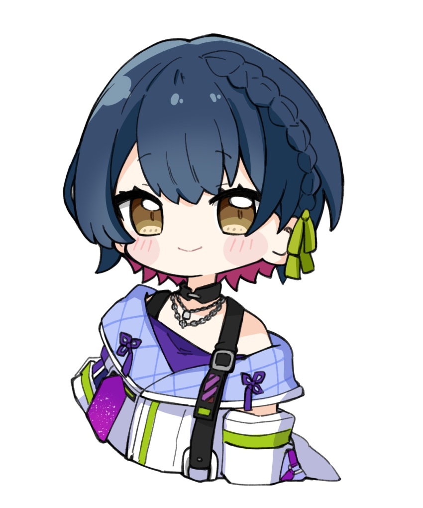 1girl bare_shoulders black_hair blush_stickers braid brown_eyes closed_mouth commentary cropped_torso green_ribbon hair_ribbon highres jacket looking_at_viewer multicolored_hair nijisanji nozo_(hitomiz) purple_hair purple_shirt ribbon shirt simple_background smile solo two-tone_hair upper_body virtual_youtuber white_background white_jacket yamagami_karuta