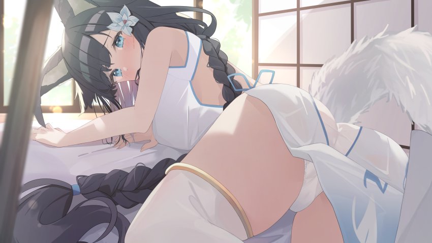 1girl absurdres animal_ears black_hair blue_eyes blush braid flower hair_flower hair_ornament highres indie_virtual_youtuber indoors long_hair looking_at_viewer mouth_hold panties pantyshot ribbon ribbon_in_mouth sakae_izumi second-party_source shouji sliding_doors solo sonoji tail thighhighs underwear virtual_youtuber white_panties white_tail white_thighhighs