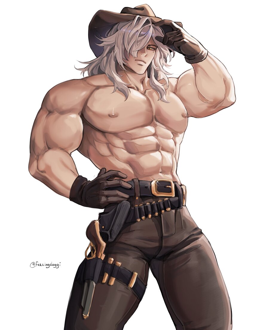 1boy abs absurdres ammunition bara black_gloves brown_pants closed_mouth collarbone cowboy_hat fartingdoggi gloves gun hair_over_one_eye hand_on_own_hip handgun hat highres holster honkai:_star_rail honkai_(series) jing_yuan large_pectorals looking_at_viewer male_focus mole mole_under_eye muscular muscular_male navel nipples pants pectorals simple_background solo topless_male twitter_username v-taper weapon white_background white_hair